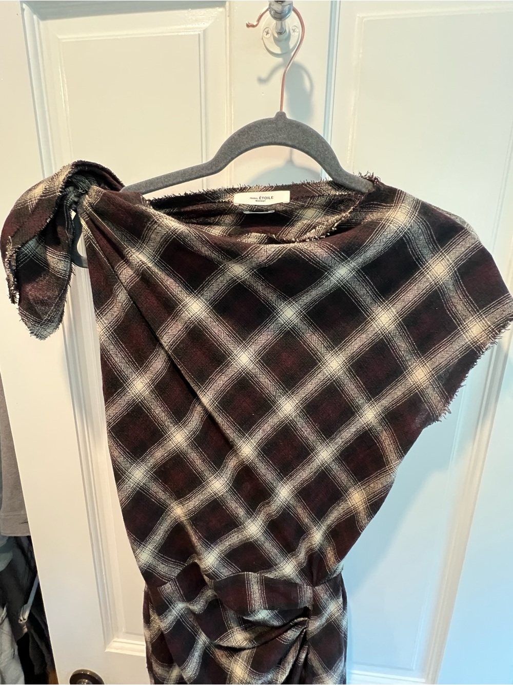 Isabel Marant Naerys Black and Cream Plaid Midi Dress with Shoulder Bow Sz36 - Picture 9 of 11